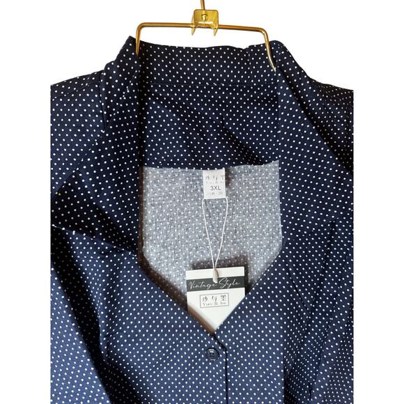 Vintage Style Women’s 3X top nwt casual business button up top blue polka dots - Picture 2 of 8